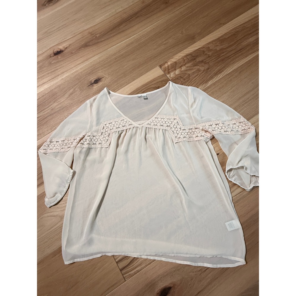 LC Lauren Conrad Blouse Womens Medium Off White Sheer Embroidered Boho V-Neck